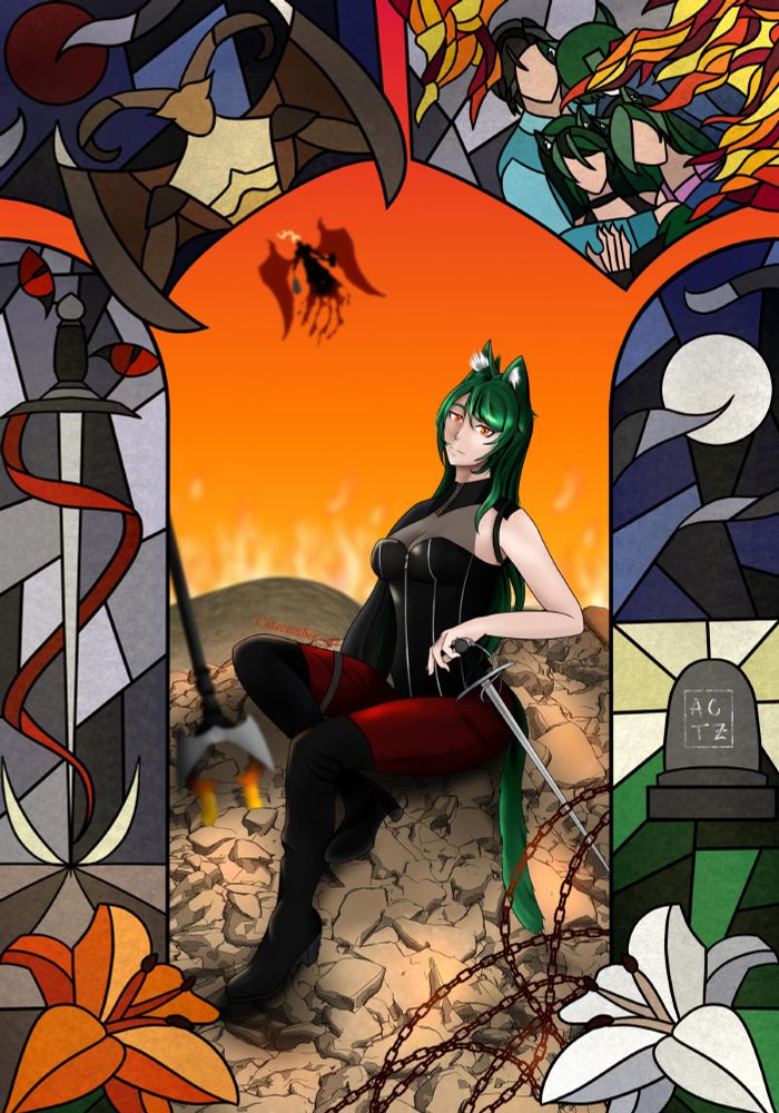 Alune, a green-haired half Tabaxi, sits on a pile of rocks in Avernus, her hand resting on her rapier. She wears a black corset with dark red pants and thigh-high boots. Around her sits four stained glass panels, representing pieces of her backstory; the top left panel showing a horned devil Samnu that killed her twin Sol, the top left a family portrait being taken over by flames showing how her family fell apart after the attack, the bottom right panel is her sword wrapped in blood for her blood hunter abilities, with her sisters eyes at the base of the handle, the bottom right panel her sisters grave. An orange and white lily sits at the bottom, representing the personalities of her and her sister.