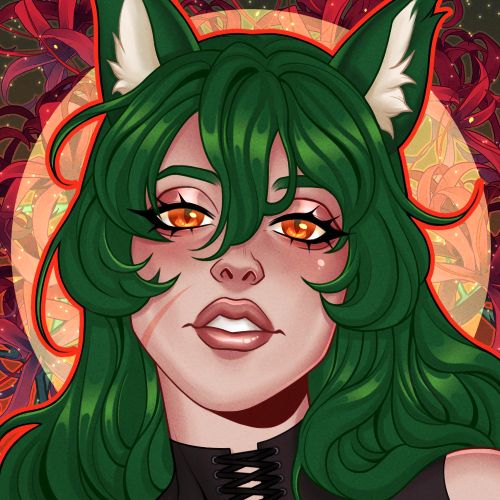 A portrait of my oc Alune, a half tabaxi woman. She has dark green hair and cat ears, and orange cat eyes. A scar sits on her right cheek.