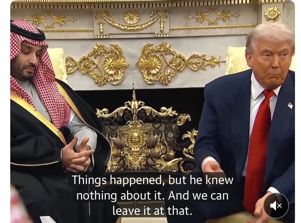 Saudi Prince Mohammed bin Salman sits next to President Donald Trump looking uncomfortably at his hands. Behind them are cheep gold leaf plaster reliefs that have been sticky taped to the Oval Office walls. Trump replies to the journalist “Things happen, but he knew nothing about it. And we can leave it at that.” 