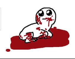 drawing of the autism creature covered in blood and sitting in a pool of blood, looking up with big eyes