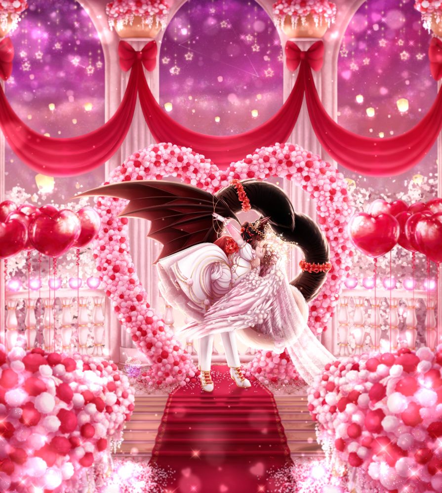 Wedding drawing of my ocs: Axel, the demon tiger, and Annise, the angel/goddess cat!

They are wearing wedding attire, along with Annise's four angel wings, and Axel's demon wings. Axel is holding Annise in bridal style as he leans in to kiss her.