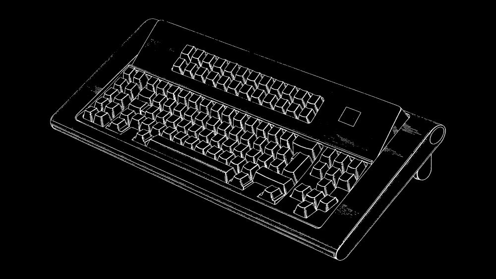 A patent drawing wallpaper depicting an IBM 104-key Converged Keyboard (Model F "unsaver")