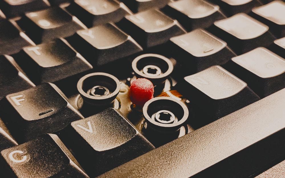 A close-up photo of exposed IBM buckling sleeve keyswitches and a red TrackPoint pointing stick on an IBM ThinkPad 365ED notebook computer.