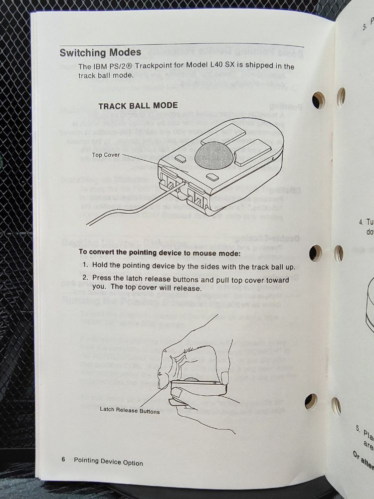 A photo of a page from the IBM PS/2 L40 SX TrackPoint User's Guide showing "track ball mode".