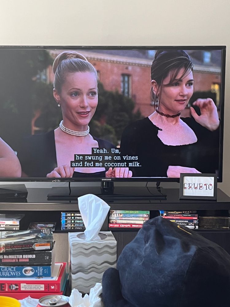 Leslie Mann as Ursula says “Yeah. Um, he swung me on vines and fed me coconut milk”