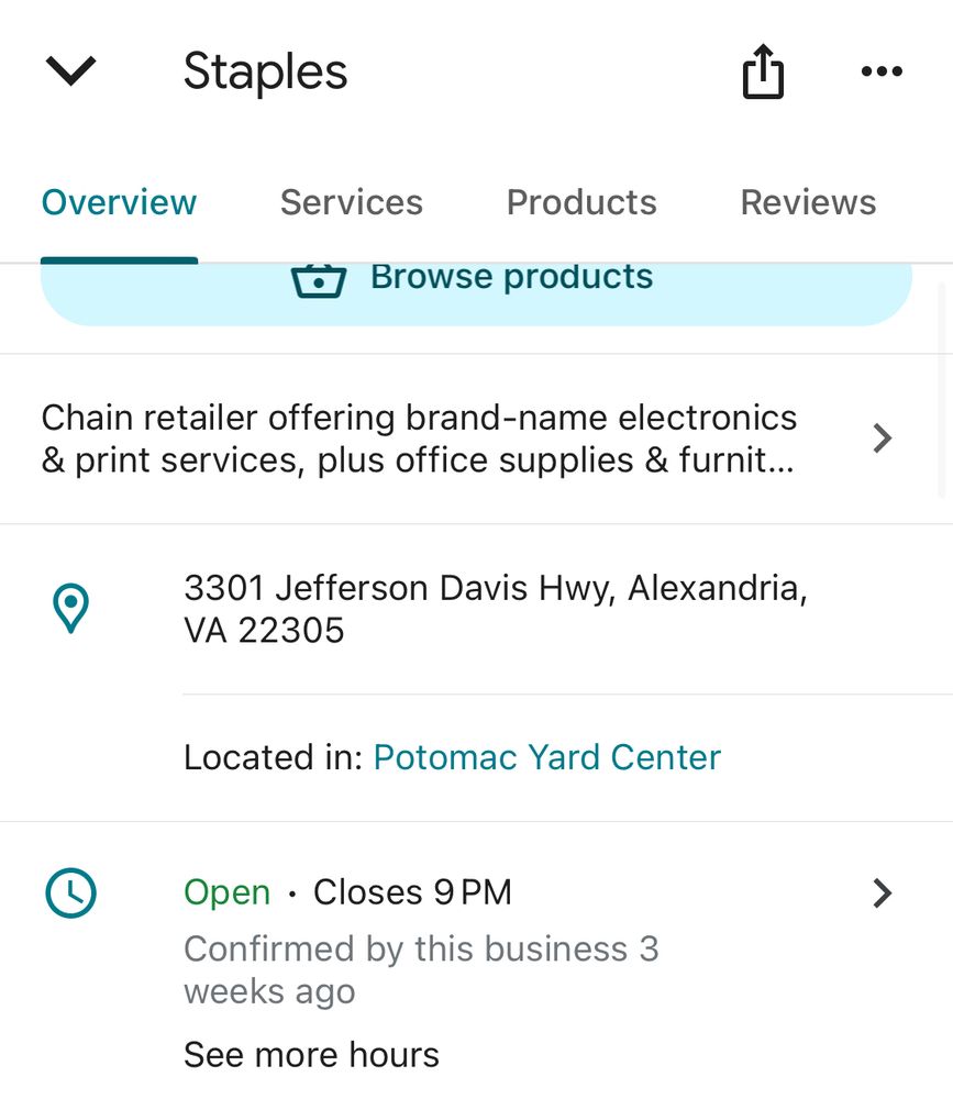 Google Maps information about a Staples in Alexandria, Virginia that says it is on Jefferson Davis Highway