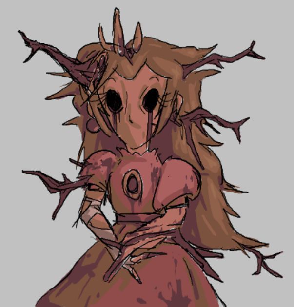 god of the forest possessing peach, branches protrude from skin as blood stains dress and cheeks