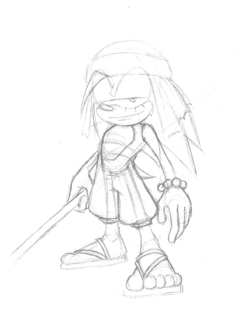 smug hedgehog, holding a long stick, adorning clothing fit for a hot environment.

although he wears a hat here, he does not adorn it in the final comic