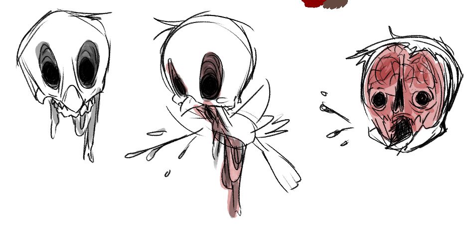 Flicky bird from sonic, mutilated in different fashions ranging from its bottom jaw torn to its top face removed.