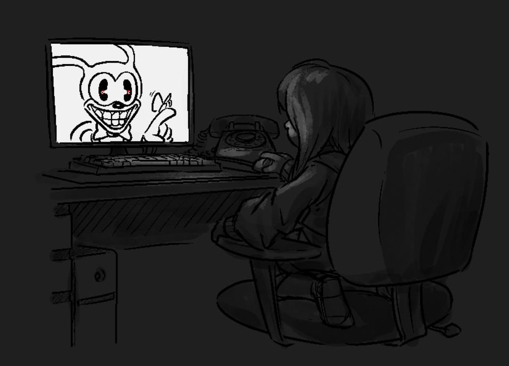 Exe-tober drawing of X and Alice interacting. X is present in the screen letting a butterfly land on his finger. Alice is on the right sitting at the desktop using the mouse, the room is dark as she's lit up by the monitor with X inside.