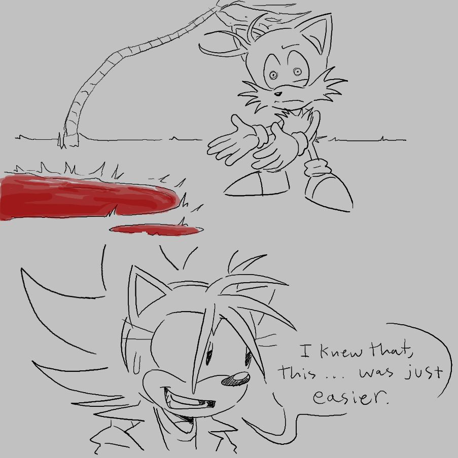 from top to bottom:
- Alan points to a blood puddle on the floor to the left, his expression one of concern.
- The Amy vessel looks off to the side, hiding their lack of though by responding with, "I knew that, this... was just easier."