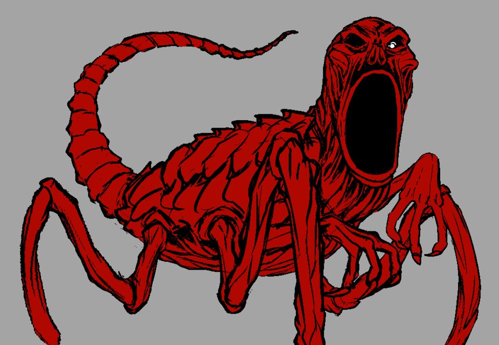 sketch drawing of RED, main antagonist from the NES Godzilla creepypasta

Colored red