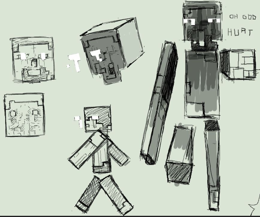 various sketches of steve from minecraft with white eyes

a few headshots demonstrating the bizarre facial structure of this take are above on the left

to the right is a full body sketch of herobrine, he is suffering from glitching as he is not supposed to exist

to the left, below, is a side view of him walking. his eyes looking towards us 