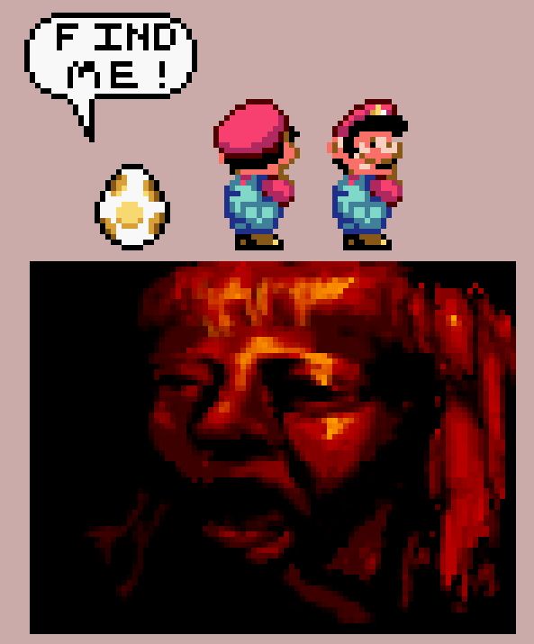 Atop from left to right is an egg saying, "Find me!", Mario facing away, and Mario turning his head to reveal a smile.

Below is an image of a woman in red with server injuries to her eyes