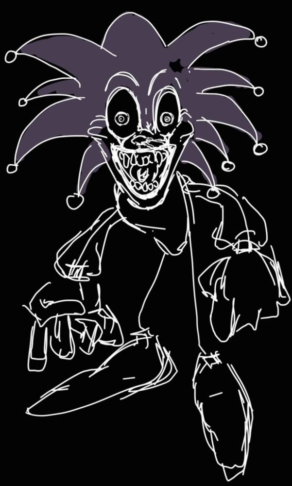 full body concept, really rough sketch of X with jester spines and large hands