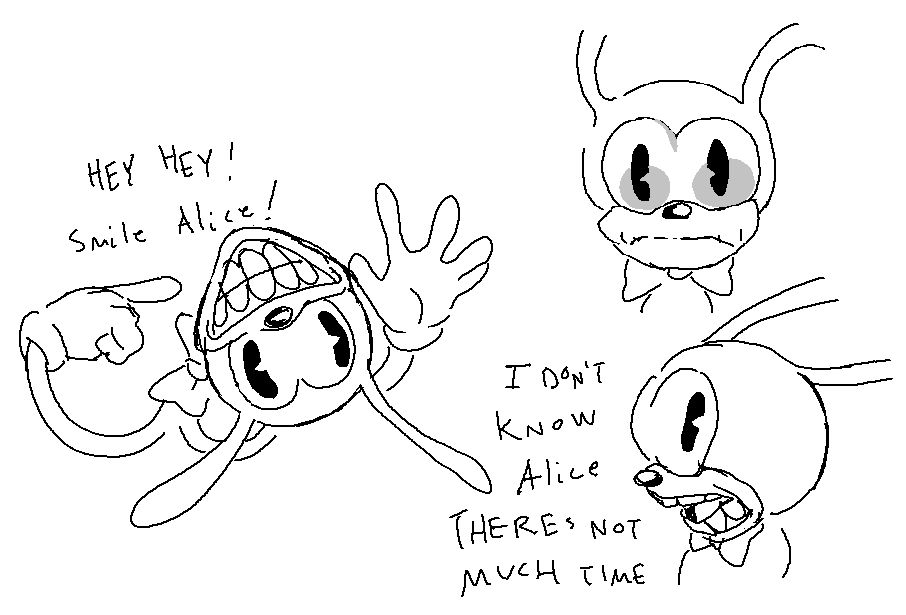Sketches of X in his rabbit facade, interacting with Alice.

- on the left is him pointing towards his smile while his head is upside down, speaking "Hey, hey! Smile Alice!"

- top right is him staring bluntly towards the screen

- bottom right is him turned to the side, looking hesitantly at Alice. He says, "I don't know Alice, there's not much time."