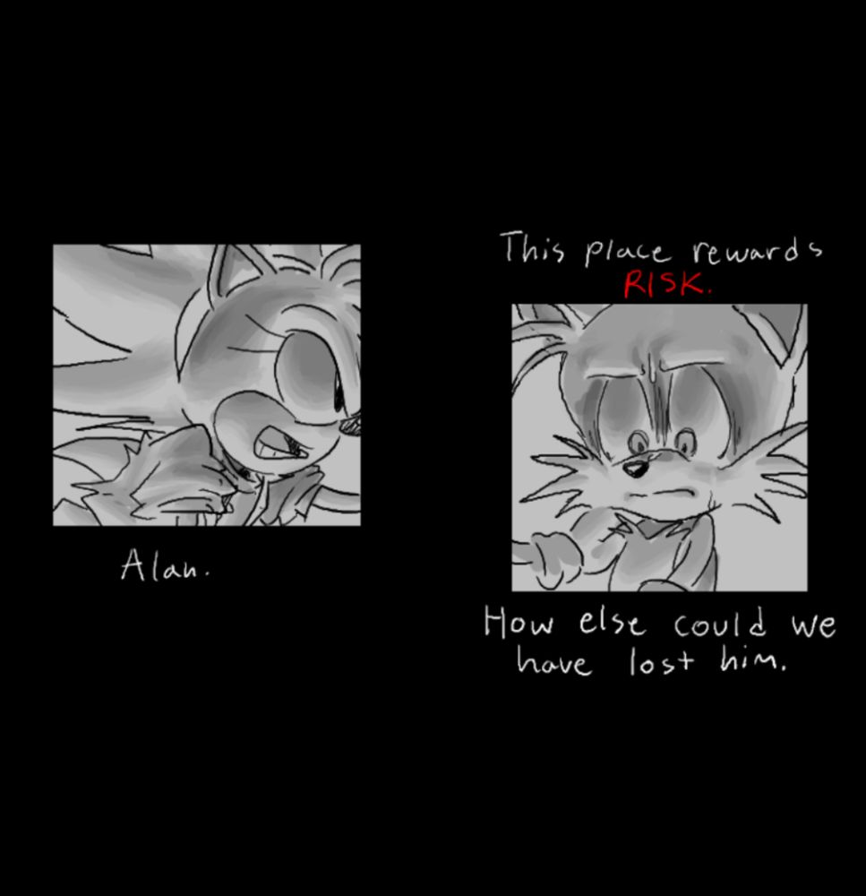 from right to left:
- The Amy vessel puts her arm on Alan's shoulder, "Alan."
- Alan looks down, thinking about what could happen next. She speaks again "This place rewards RISK. How else could we have lost him."