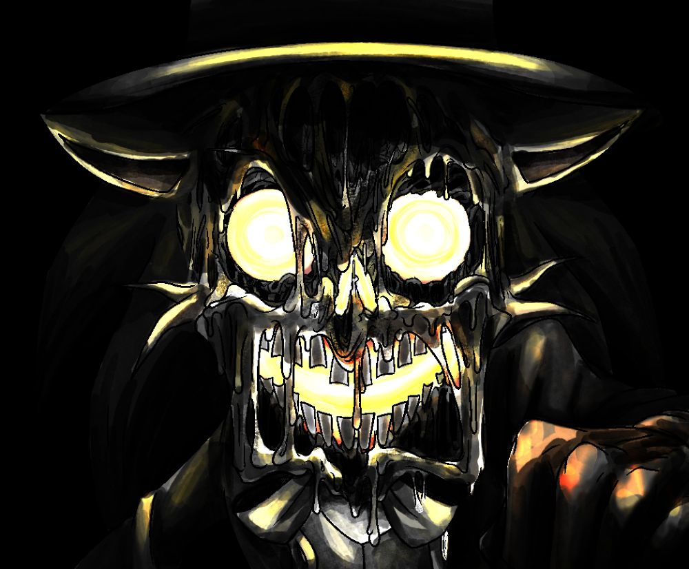 "Scum...."

[an illustration of Gekido, his face looking straight ahead illuminated by the burning flame within his orifices. His anger embodied by an intense, bright burning flame. Such stress takes a toll on the body, his face melting away but still wears an expression of large hatred. Closer to the frame, his hand clenching while clutching his cane.]