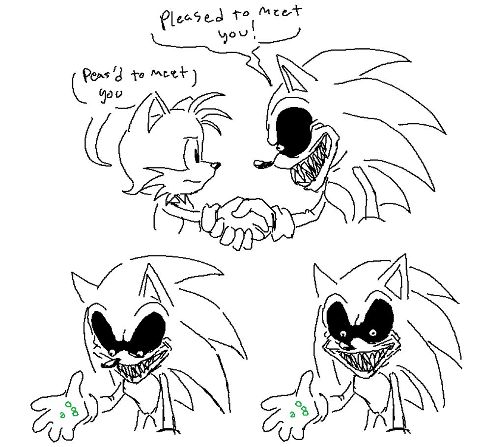 X and Alan shake hands while exchanging greetings

X looks down in his hand to find peas

X looks up