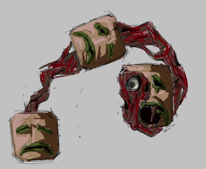 totem monster, each totem head has an expression of pain and sorrow. These three heads disconnect and stretch their spine to swing their heads around. It has not mouth, but instead a single eye and nostrils that line the spine.