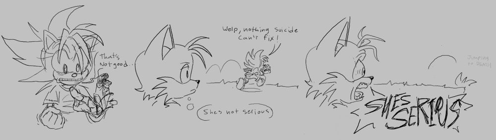 from left to right:
- Amy vessel looks concerned as she focuses on her mutilated hand which is split in two.
- She runs for the end of a cliff while Alan watches in denial.
- She then jumps off without a second thought, catching Alan off guard as he looks on in shock.