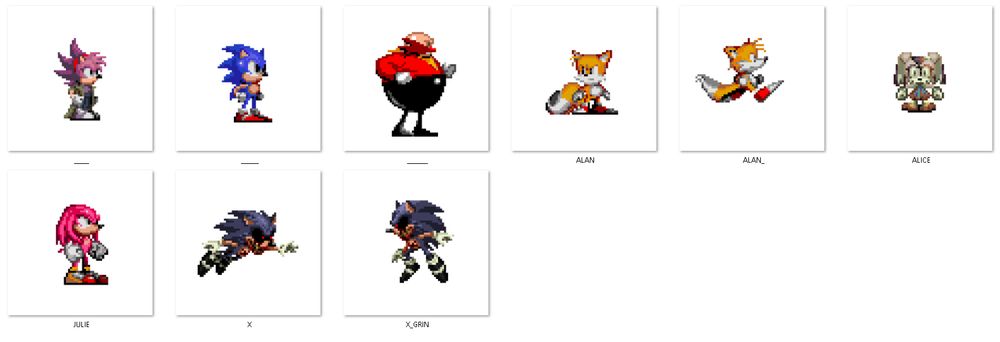 9-character gifs, 6 of which display a name

JULIE, X, X GRIN, ALAN, ALAN_, ALICE