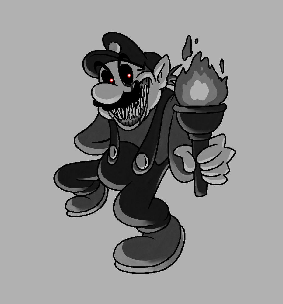 X as Mario, appearing taller than normal. His ears are pointed, much like wario. He's got a wicked grin with nasty teeth. A lover of arson, and does not play fair.