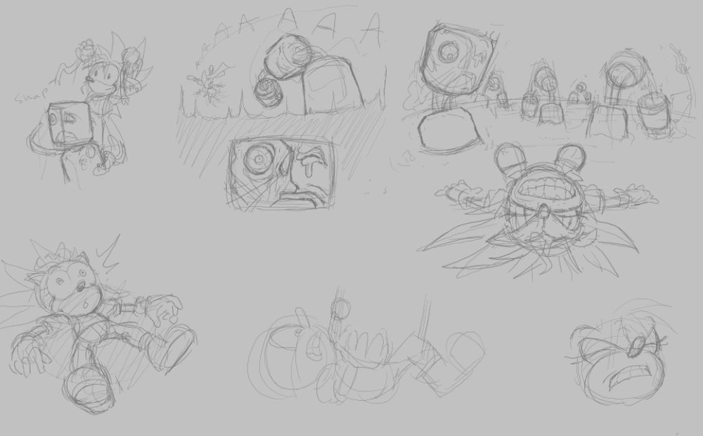 a sequence of rough panels that showcase the Amy vessel being pushed back by the undying George, wrapping up with the Amy vessel attempting to halt its attack.