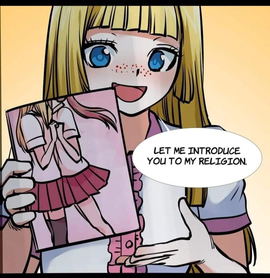 Yuri Meme, a girl holding up a picture of two girls kissing while she says "let me introduce you to my religion" 
