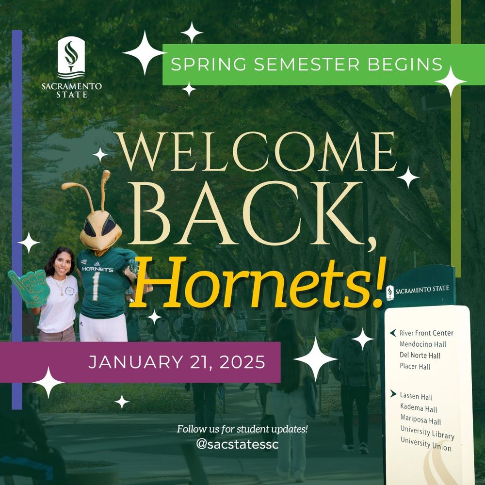 A Sacramento State University welcome back graphic for Spring Semester beginning January 21, 2025. Features the university's mascot Herky the Hornet posing with someone in a white shirt and foam finger. Text reads 'WELCOME BACK, Hornets!' On the right side is a list of campus locations including River Front Center, Mendocino Hall, Del Norte Hall, Placer Hall, Lassen Hall, Kadema Hall, Mariposa Hall, University Library, and University Union. The image has a green background with trees and decorative star elements.