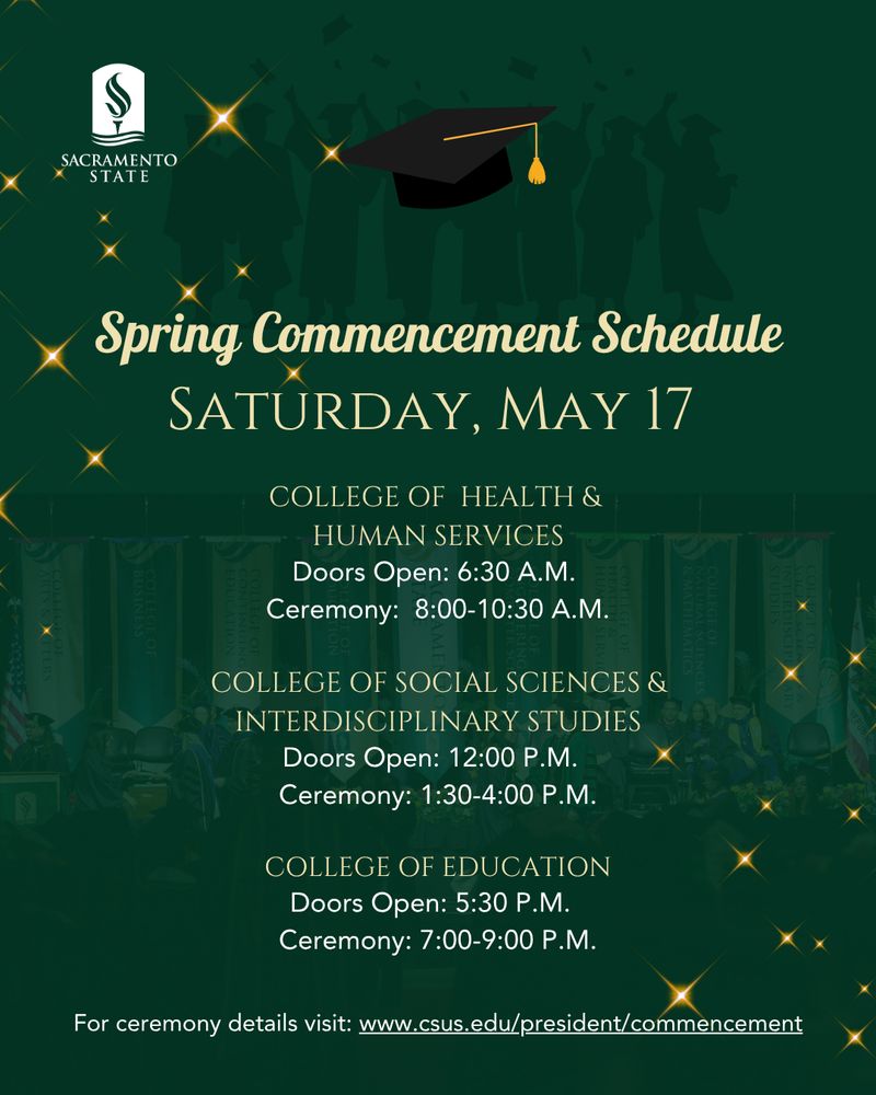 Sacramento State Spring Commencement schedule for Saturday, May 17. Includes times for ceremonies and door openings for the College of Health & Human Services, College of Social Sciences & Interdisciplinary Studies, and College of Education. Background includes images of graduates and festive sparkles.