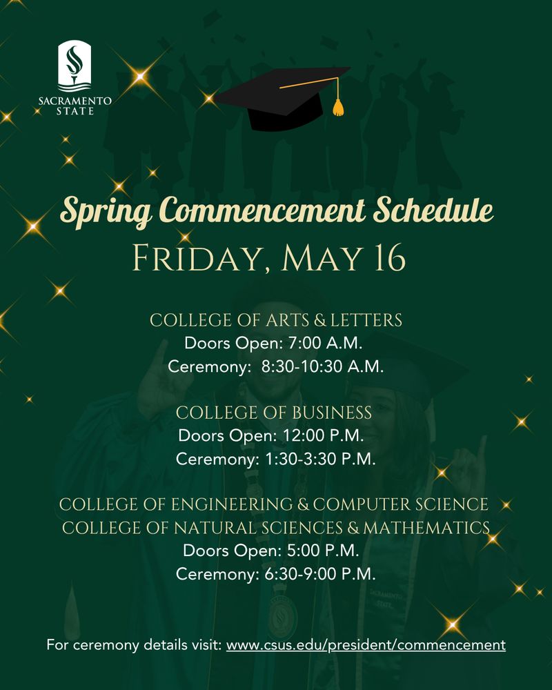 Sacramento State Spring Commencement schedule for Friday, May 16. Includes times for ceremonies and door openings for the College of Arts & Letters, College of Business, and College of Engineering & Computer Science / College of Natural Sciences & Mathematics. Background features silhouettes of graduates and celebratory sparkles