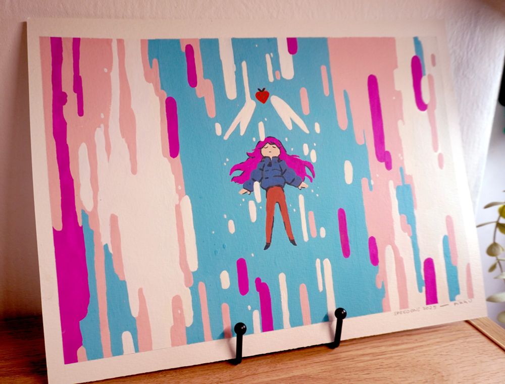 Gouache of Madeline from the game Celeste , flying through the sky with colorful effects and a winged strawberry above. 