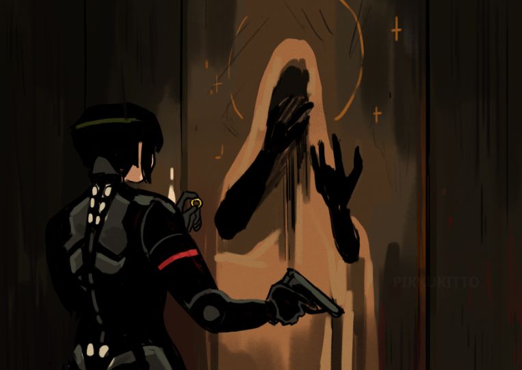Elster in front of a weird painting of a yellow hooded character hiding their face. She holds a ring in her left hand and a pistol in the right