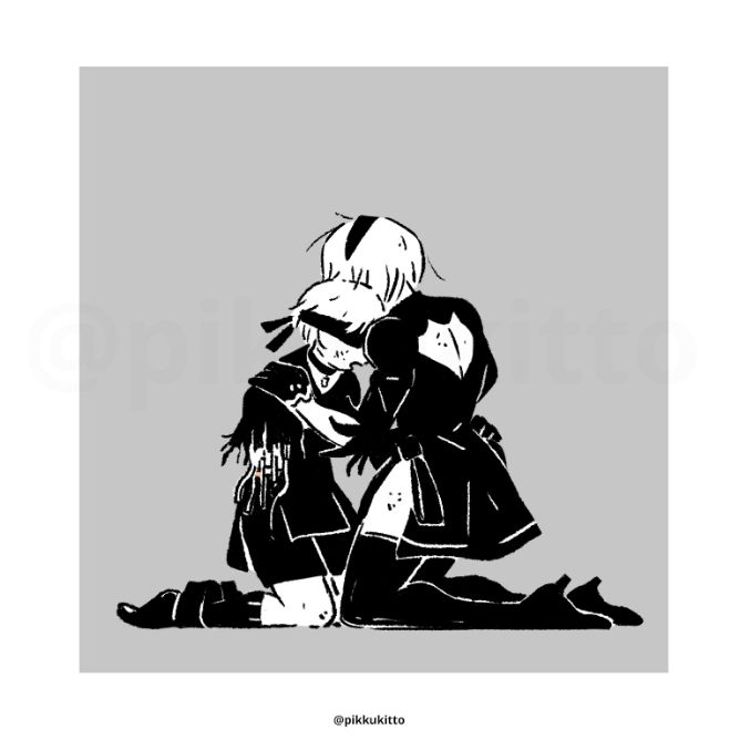 2B and 9S from Nier Automata. They are on their knees hugging each other. 9S has his head on 2B shoulder, and his right arm is totally broken, one can see the cables and metals out of it