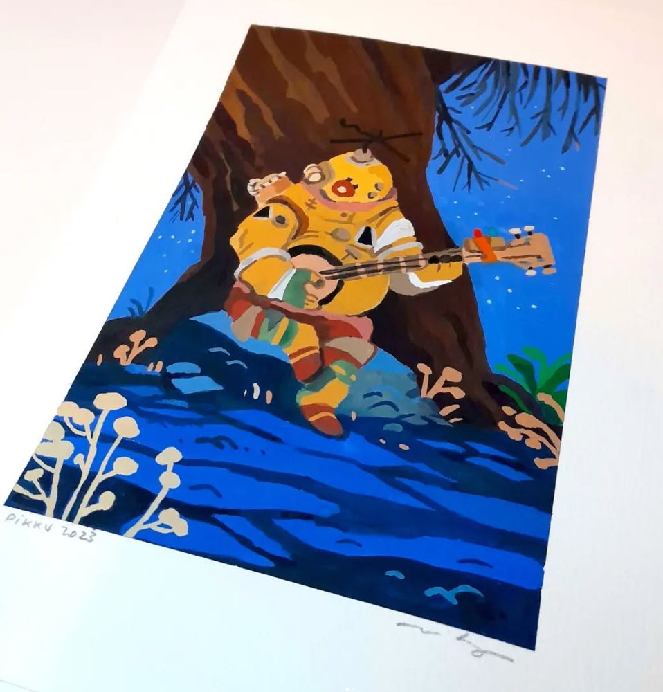 A gouache painting of a character of the game Outerwilds, they are playing banjo under a tree