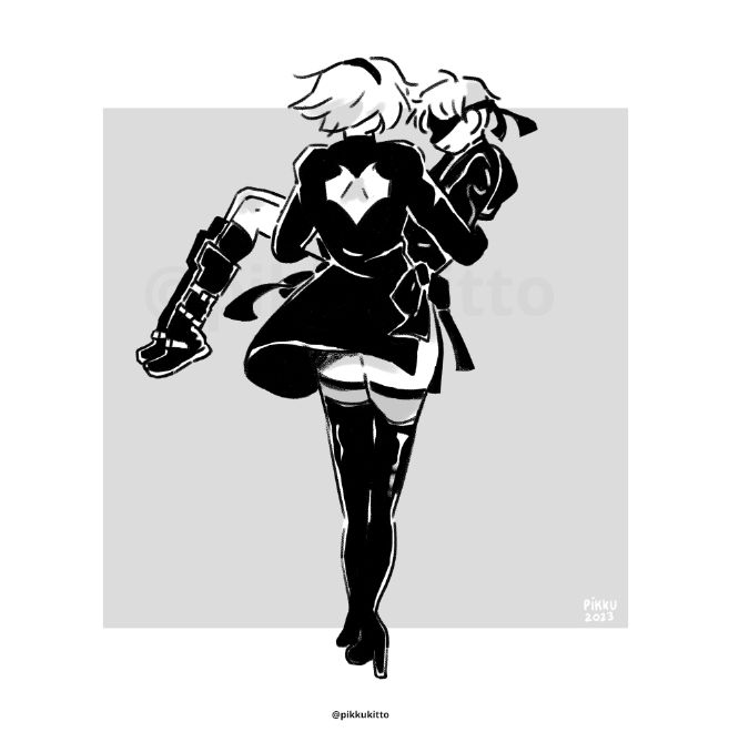 2B from behind is holding 9S in her arms, bride style and walks gently