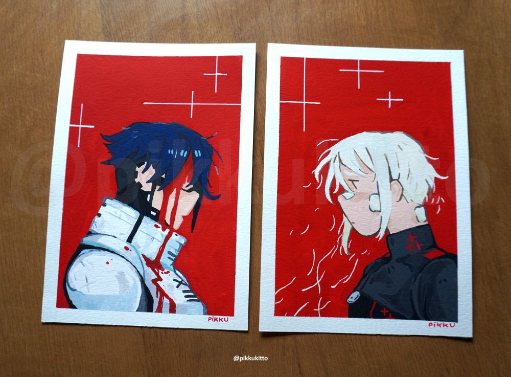 2 Gouache paintings of characters from the game Signalis.
On the Left, Elster with her white armor, blood running on her face. And on the right, Ariane, a sad face with hair floating around her.
The two images are painted with red background