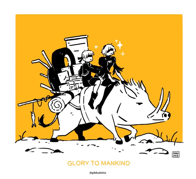 9S and 2B from NieR automata riding a giant boar. Lot of junk behind them after they fished this all out of the rivers and sea