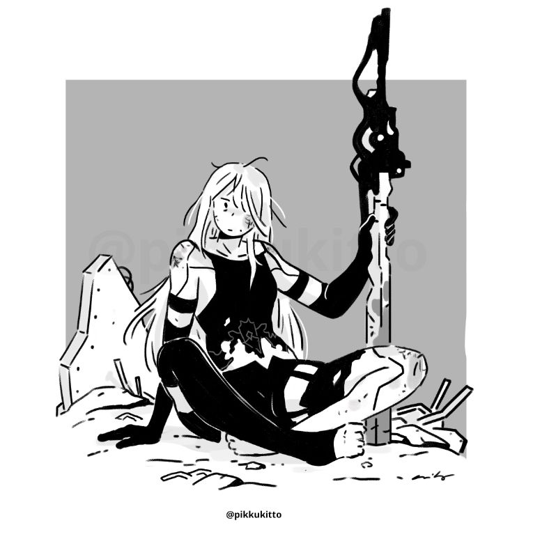 A2 sitting on the ground, damaged and holding her sword
