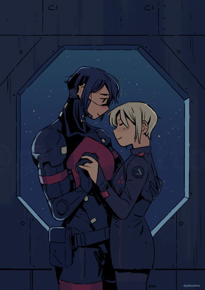 Elster and Ariane dancing in front of the window of the starship 