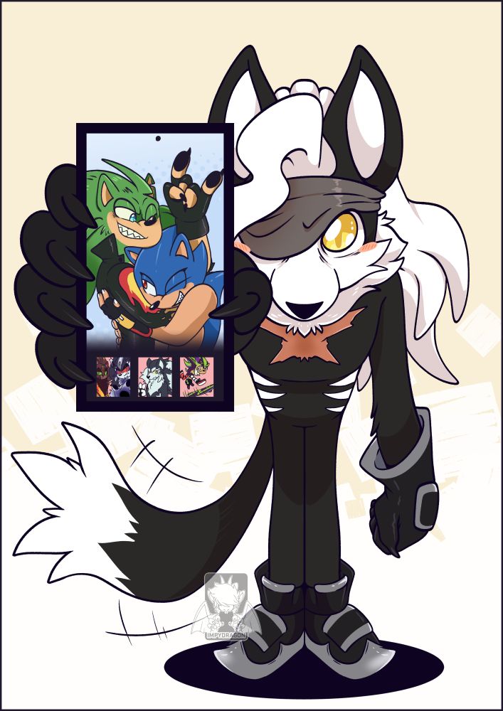 infinite the jackal holds his phone in focus, showing it to the viewer. despite a bandana covering his right eye, he has big puppy eye and his tail is wagging. on the phone you can see feature a picture of scourge the hedgehog and meta the hedgehog - his children. On the bottom, smaller, pictures of Mephiles the Dark and Iblis together on the left, a jackal hedgehod on the middle and a skating, colorful hedgehog on the right.
