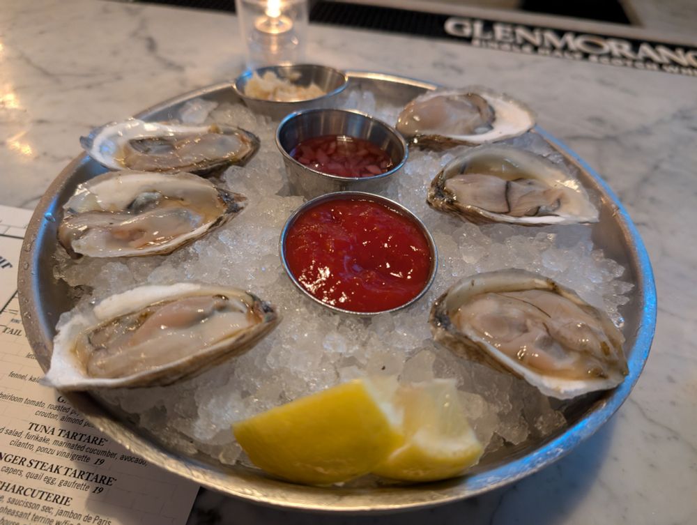 Half dozen raw oysters on a tray