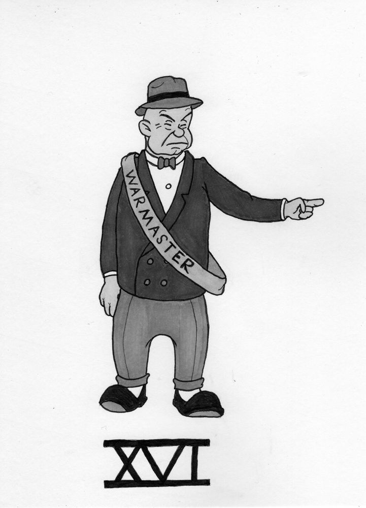 A black and white drawing of Horus as a 1930s Mafia don. He wears a single breasted suit and a Fedora. He has a sash that has the word Warmaster written on it. He is pointing. His face is jowely. 
