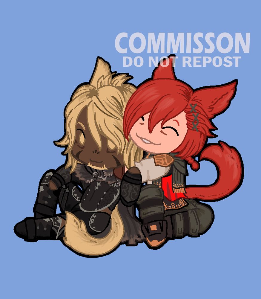 Chibi art. Blond Miqo'te warrior of light in black leather smiling as G'raha Tia happily hugs him from the side.