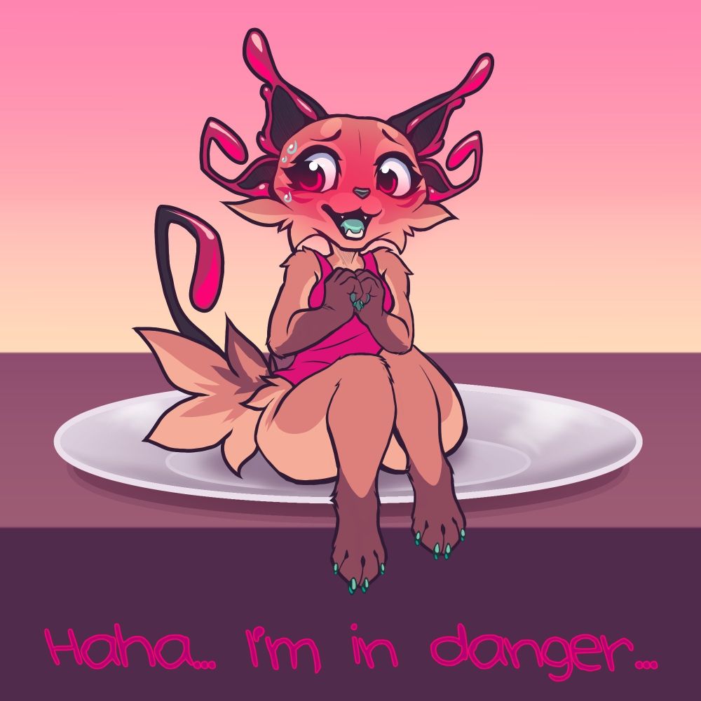 A pink raspberry fox sits nervously on a small plate, blushing and sweating, with the caption "haha... I'm in danger..."