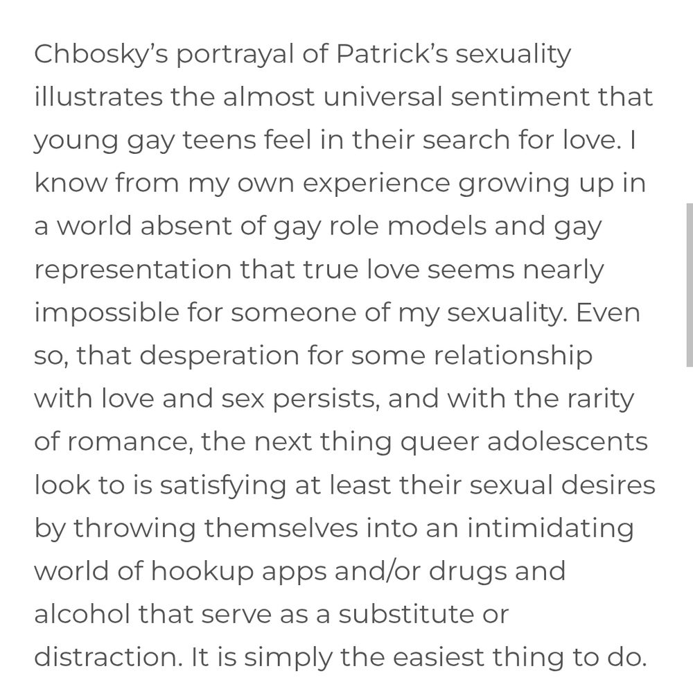 A screenshot from Out write on Perks of Being a Wallflower and the "almost universal sentiment that young gay teens feel in search for love."