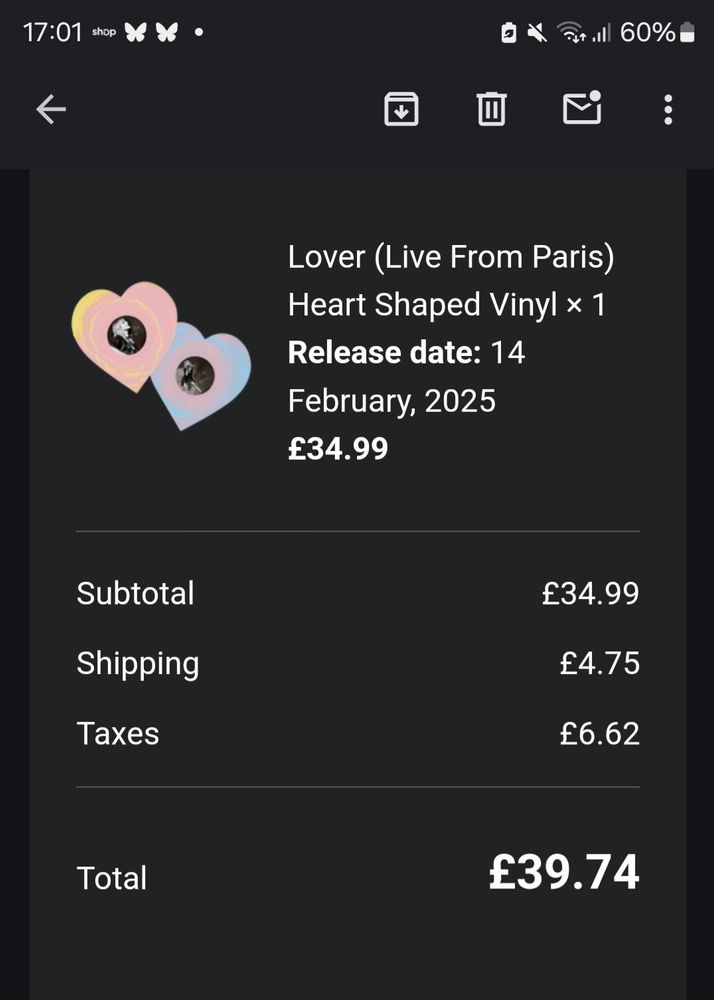 Email confirmation for lover live from Paris vinyl 