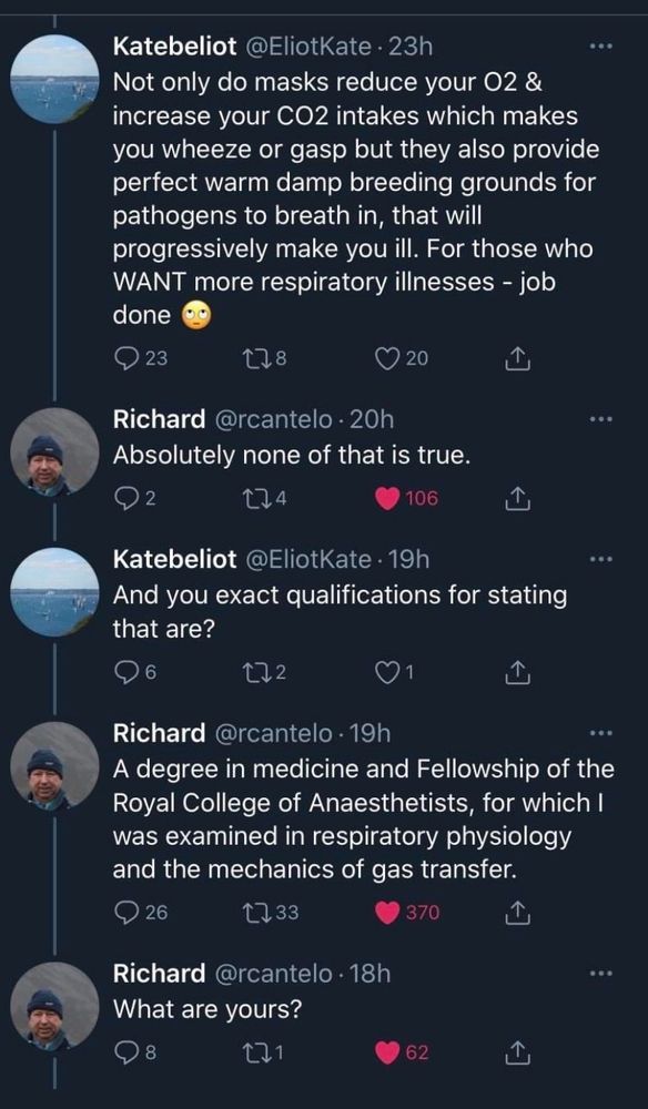 Old twitter thread. Fake news about masks causing respiratory problems and the response comes back from a qualified anesthesiologist who was examined on gas transfer. 