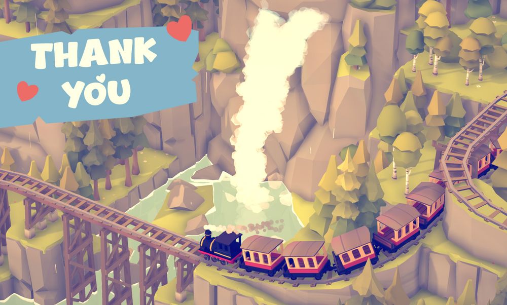Screenshot of a scene from the game Islands & Trains with large text that reads: Thank you!